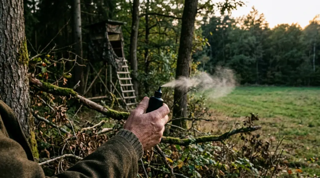 Jäger prüft die Windrichtung für die Ansitzjagd an einer Waldschneise.