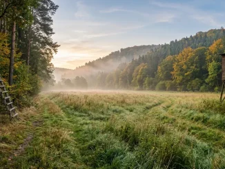 Ansitzleiter-Standort am Waldrand mit Wildwiese, Wildwechsel und sicherem Hang im Hintergrund.