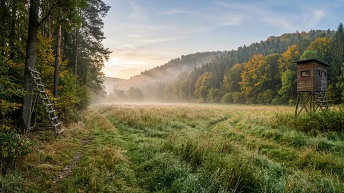 Ansitzleiter-Standort am Waldrand mit Wildwiese, Wildwechsel und sicherem Hang im Hintergrund.