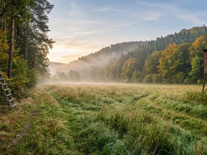 Ansitzleiter-Standort am Waldrand mit Wildwiese, Wildwechsel und sicherem Hang im Hintergrund.
