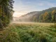 Ansitzleiter-Standort am Waldrand mit Wildwiese, Wildwechsel und sicherem Hang im Hintergrund.