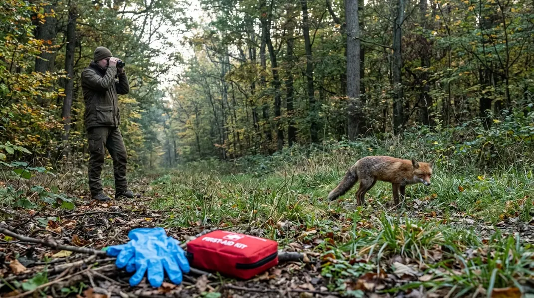 Jäger hält Abstand zu einem auffälligen Rotfuchs am Waldrand.