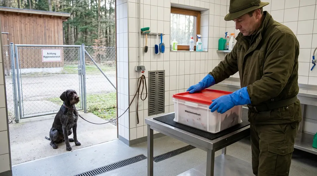 Jäger sichert Wildschweinaufbruch, während ein Jagdhund mit Abstand wartet.