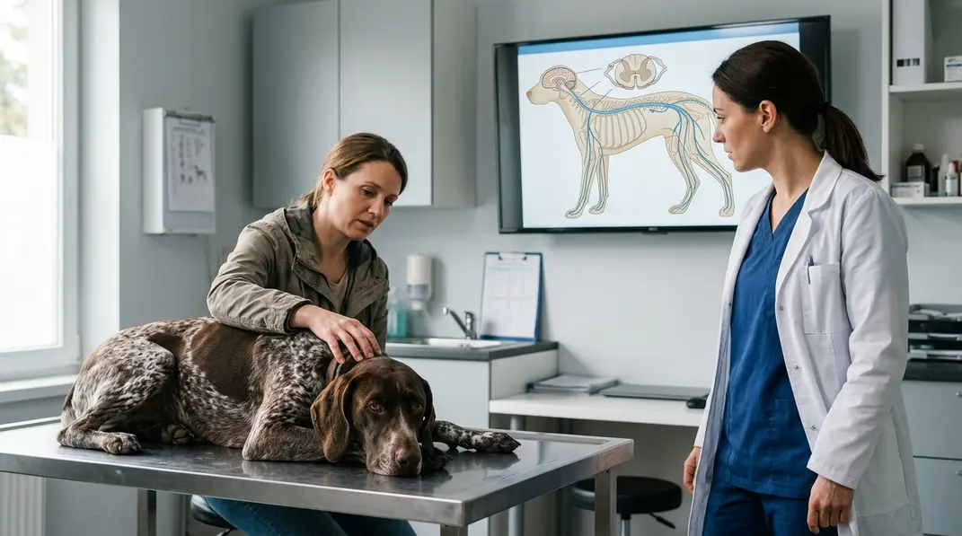 Tierärztin untersucht einen Jagdhund neben einer Darstellung von Gehirn und Nervenbahnen.