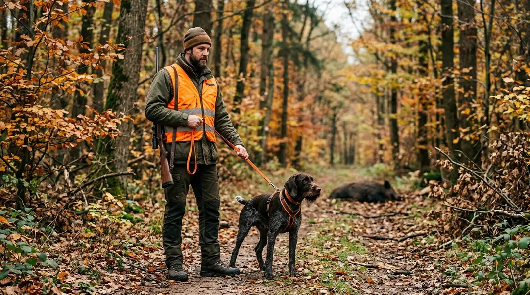 Jagdhund wird von einem Jäger mit Abstand zu einem erlegten Wildschwein gehalten.