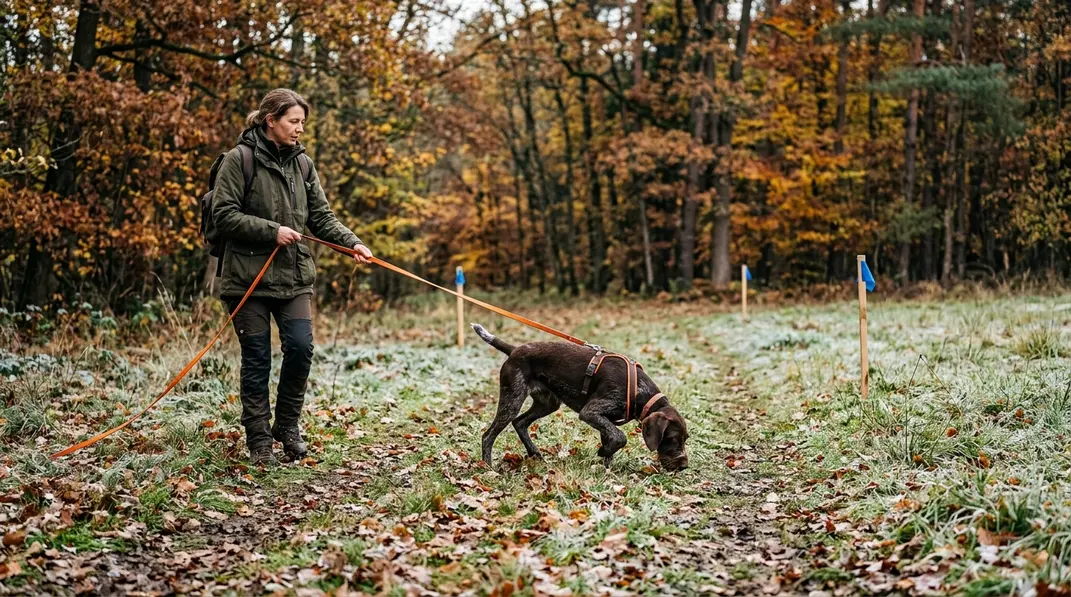 Eine Hundeführerin trainiert einen jungen Schweißhund am langen Riemen auf einer Übungsfährte.