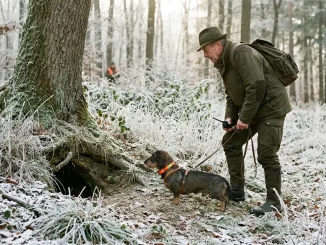 Hundeführer mit Erdhund bei der Baujagd auf Fuchs an einem winterlichen Fuchsbau.