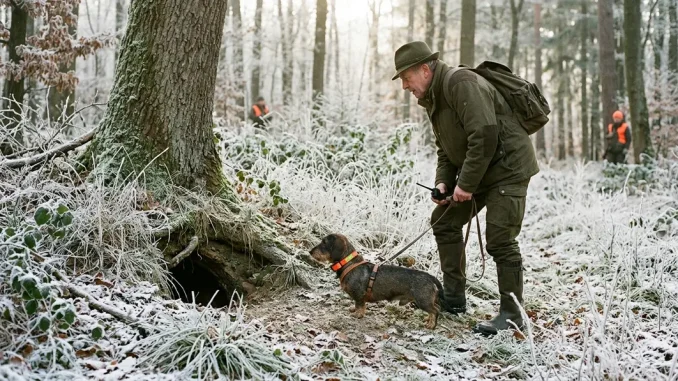 Hundeführer mit Erdhund bei der Baujagd auf Fuchs an einem winterlichen Fuchsbau.