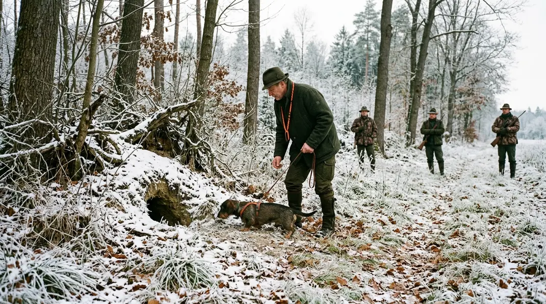 Hundeführer und Jäger bereiten die Baujagd auf Fuchs an einem winterlichen Bau vor.