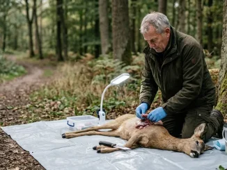 Jäger prüft bedenkliche Merkmale am Wild an einem hygienischen Aufbrechplatz.