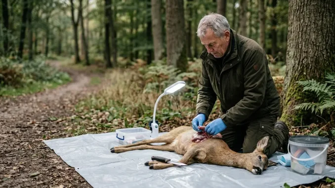 Jäger prüft bedenkliche Merkmale am Wild an einem hygienischen Aufbrechplatz.