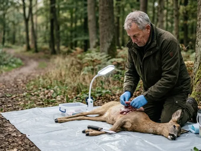 Jäger prüft bedenkliche Merkmale am Wild an einem hygienischen Aufbrechplatz.