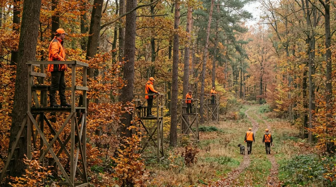 Jäger auf erhöhten Ständen beobachten eine Treibergruppe mit Jagdhund in einem herbstlichen Mischwald.