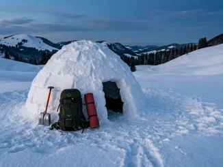 Kompakter Schneeschutzraum für ein Biwak im Winter mit Rucksack und Schaufel im Schnee.