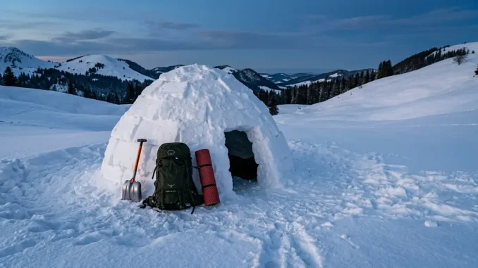 Kompakter Schneeschutzraum für ein Biwak im Winter mit Rucksack und Schaufel im Schnee.