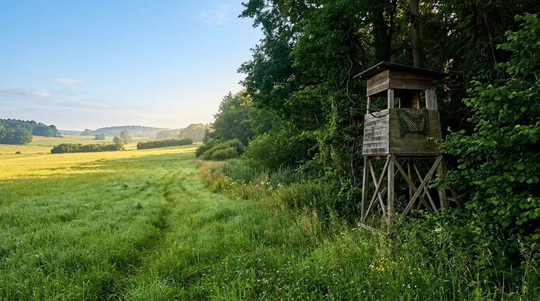 Ein gedeckter Hochsitz blickt vom dunklen Waldrand auf eine helle Sommerwiese.
