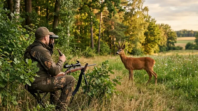 Bei der Blattjagd auf den Rehbock sitzt ein Jäger gedeckt am Waldrand, während ein Rehbock auf einer Wiese steht.