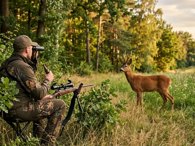 Bei der Blattjagd auf den Rehbock sitzt ein Jäger gedeckt am Waldrand, während ein Rehbock auf einer Wiese steht.
