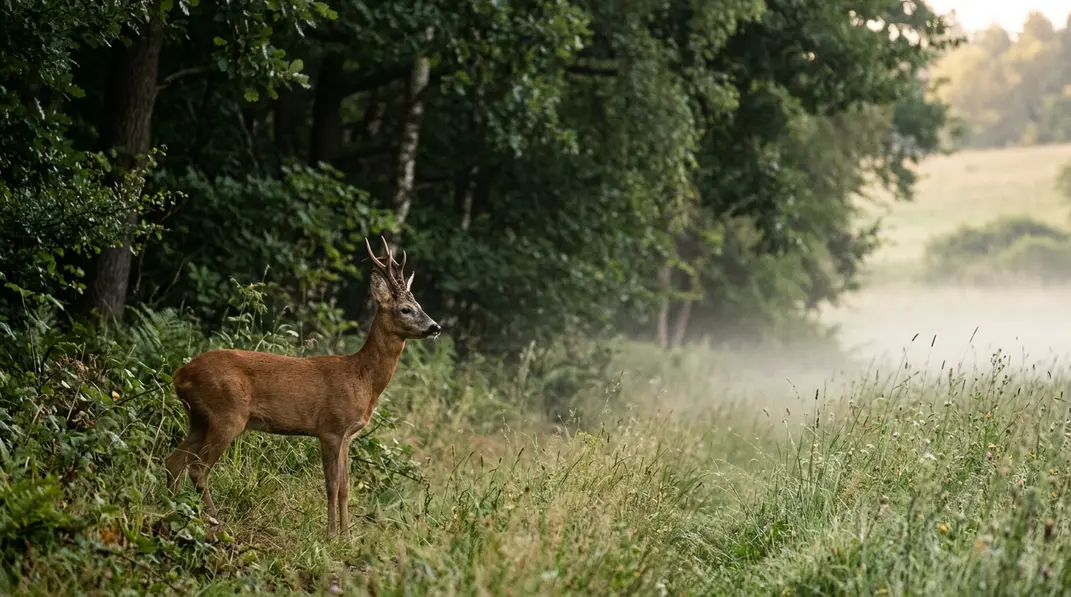 Ein Rehbock steht an einem sommerlichen Morgen aufmerksam am Waldrand.