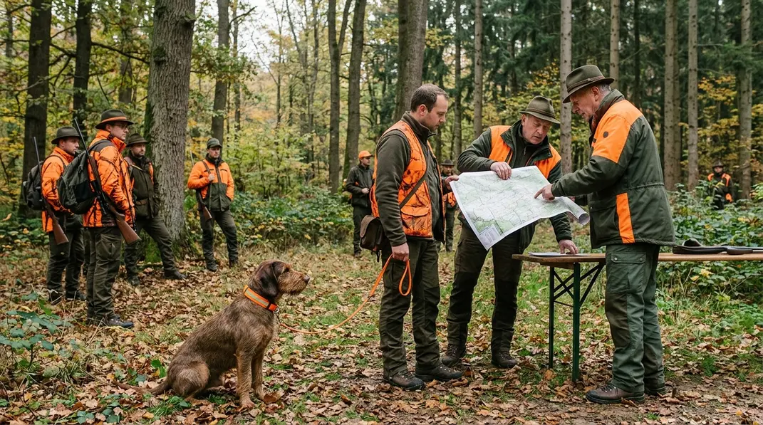 Jagdleiter, Hundeführer und Jäger koordinieren eine Brackenjagd vor dem Beginn.