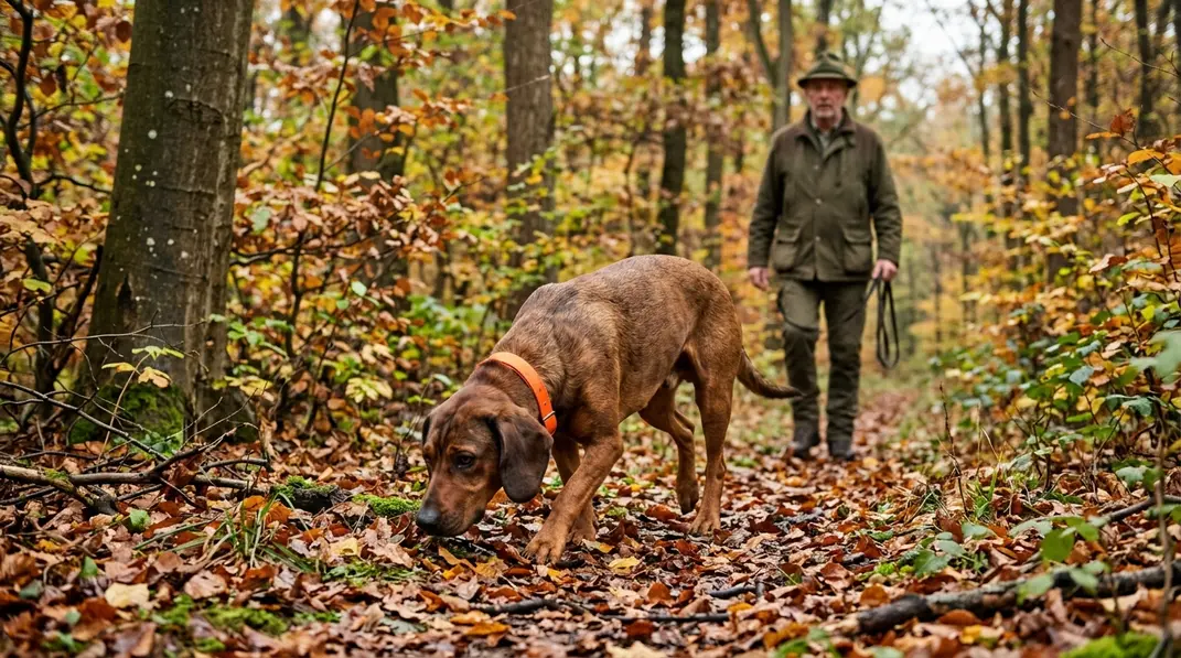 Deutsche Bracke arbeitet bei der Brackenjagd konzentriert auf einer Wildspur im Laubwald.