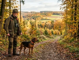 Hundeführer mit Deutscher Bracke in einem großen Waldrevier für die Brackenjagd-Voraussetzungen.