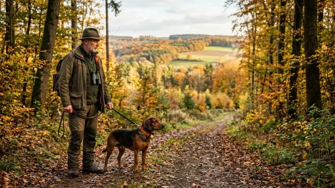 Hundeführer mit Deutscher Bracke in einem großen Waldrevier für die Brackenjagd-Voraussetzungen.
