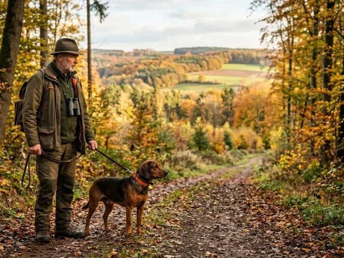 Hundeführer mit Deutscher Bracke in einem großen Waldrevier für die Brackenjagd-Voraussetzungen.