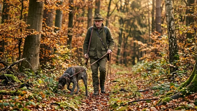 Jäger führt seinen Jagdhund während einer Brauchbarkeitsprüfung auf einer Fährte durch den Wald.