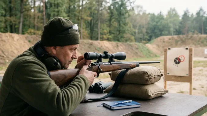 Jäger, der auf einem Schießstand eine Büchse einschießt und durch das Zielfernrohr auf eine Scheibe zielt.