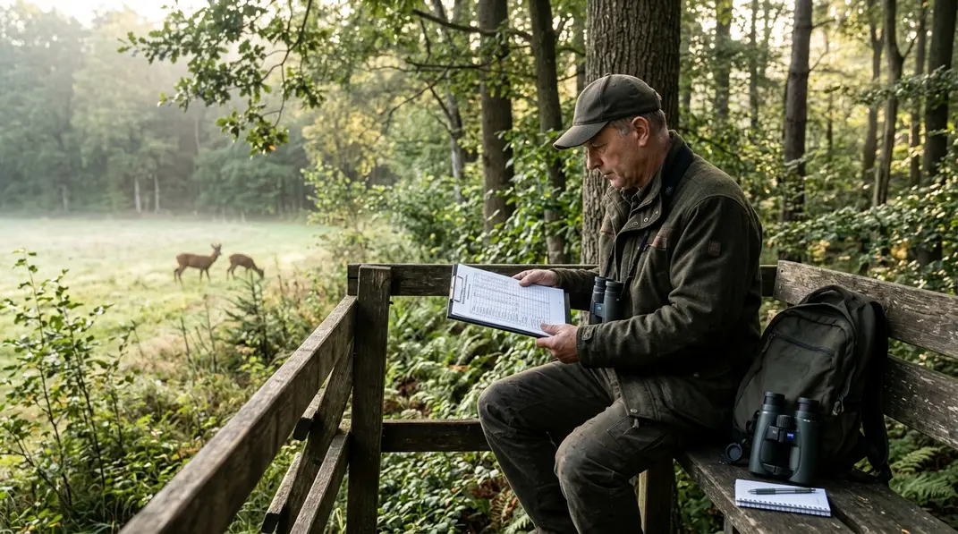 Jäger auf einem Ansitz prüft eine Jagdzeitenverordnung für Rehwild.