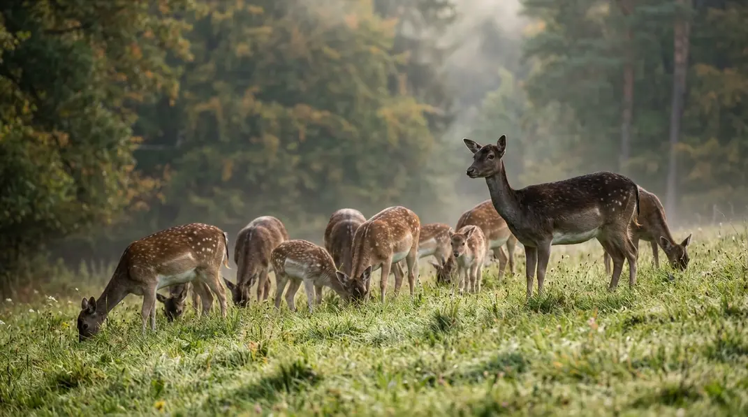 Kahlwildrudel mit Damtieren und Kälbern auf einer Wiese am Waldrand.