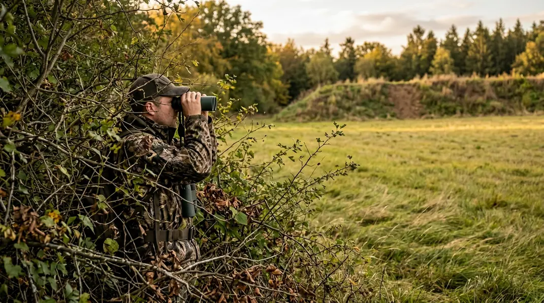 Jäger nutzt eine Hecke als Deckung und beobachtet eine übersichtliche Waldwiese.