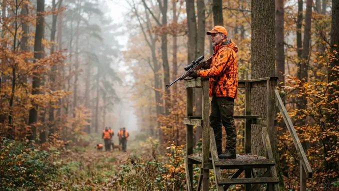 Jäger beobachtet beim Drückjagd-Ablauf von einem sicheren Hochsitz eine herbstliche Waldschneise.
