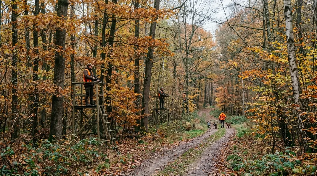 Jäger auf sicheren Ständen während einer Drückjagd im herbstlichen Wald.