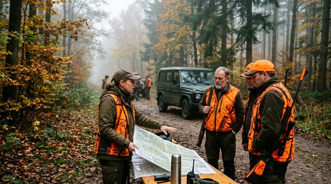 Jagdleitung erklärt Jägern vor einer Drückjagd die Sicherheitsregeln an einer Revierkarte.