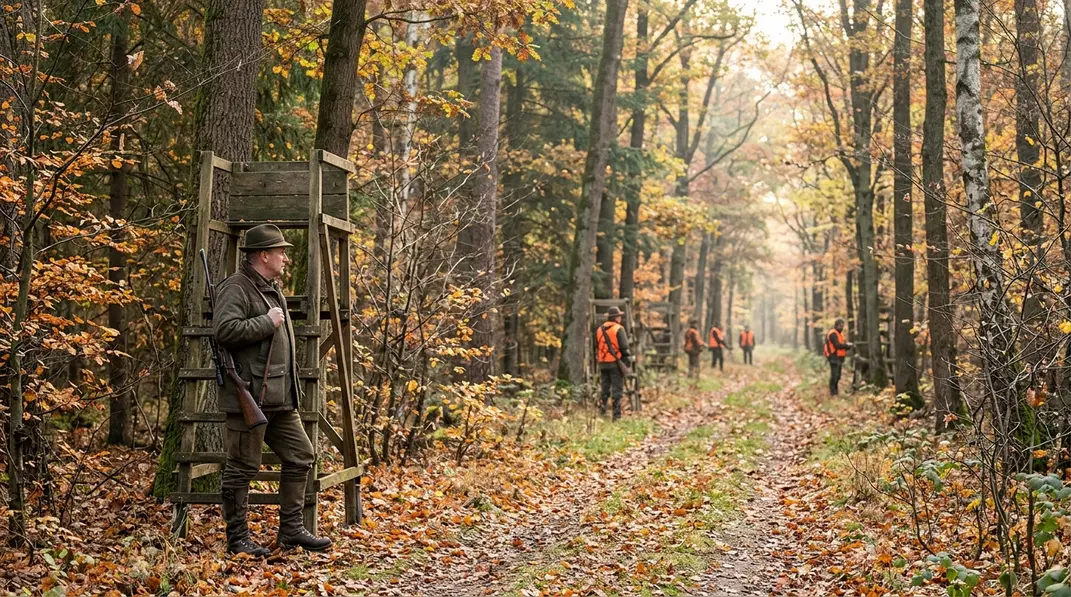 Jäger an einzelnen Ständen in einem herbstlichen Mischwald.