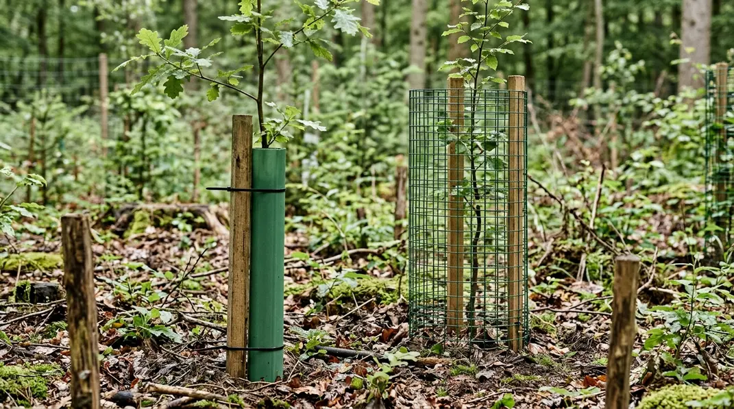 Junge Eichen mit Manschette und Drahtkorb als Verbissschutz im Wald.