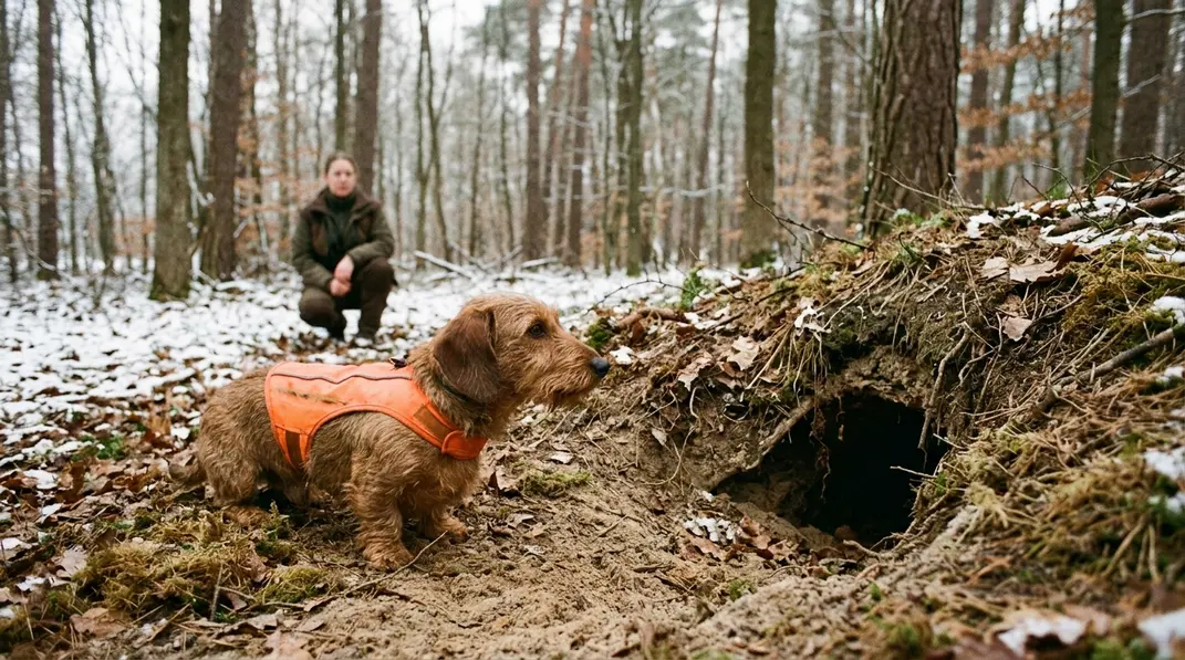Erdhund mit Hundeführer neben einem Fuchsbau im Winterwald.