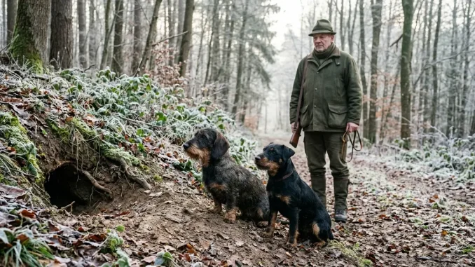 Teckel und Jagdterrier bei der Erdhunde-Jagd vor einem natürlichen Bau.