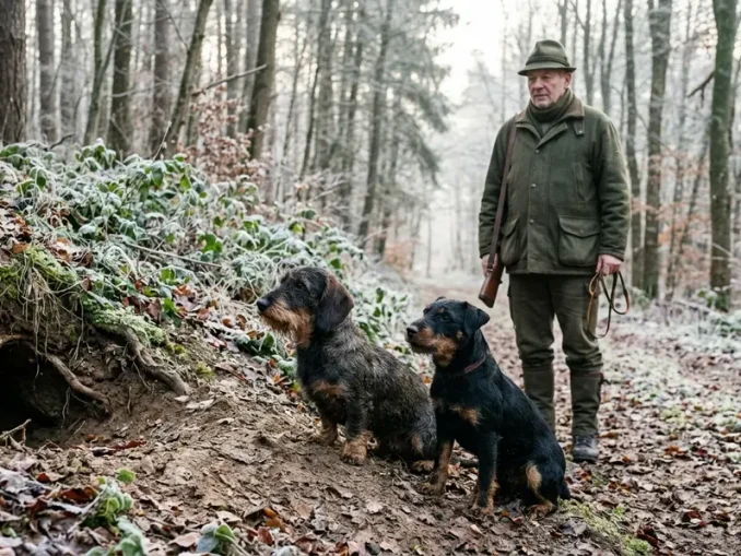 Teckel und Jagdterrier bei der Erdhunde-Jagd vor einem natürlichen Bau.