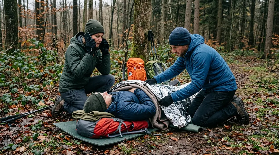Helfende versorgen eine Person mit Unterkühlung auf einer isolierenden Matte und decken sie mit einer Rettungsdecke zu.