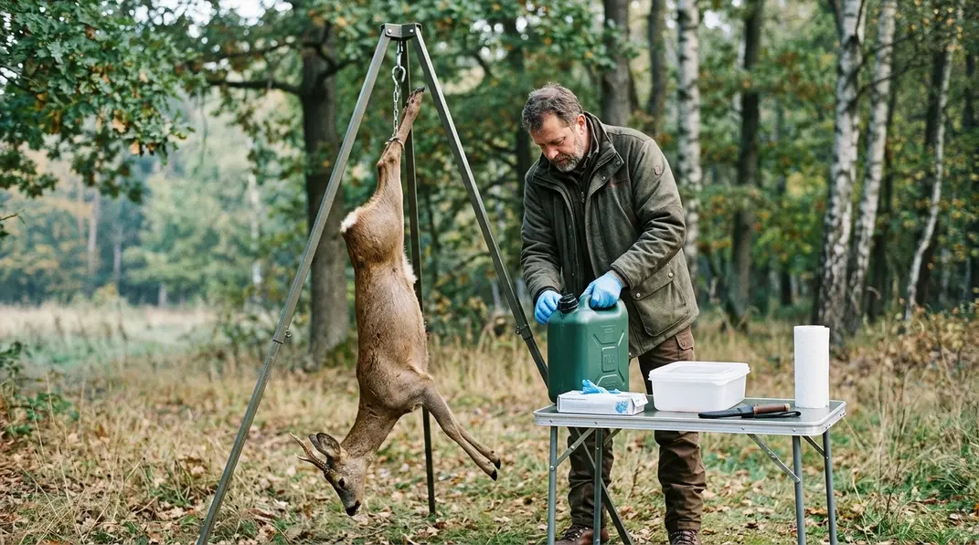 Jäger beim Aufbrechen von Wild an einem mobilen Wildgalgen im Revier.