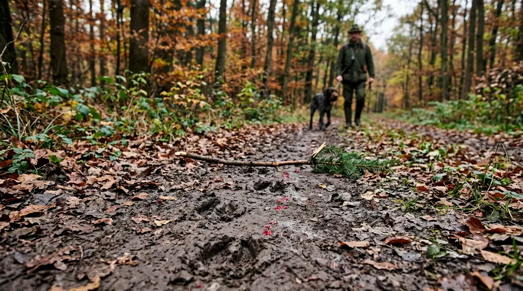 Schalenabdrücke und Schweißspuren zeigen den Fluchtverlauf im Wald.