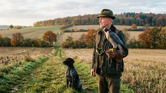 Falkner bei der Falknerei-Beizjagd mit Wanderfalke auf dem Handschuh und Jagdhund im herbstlichen Revier.