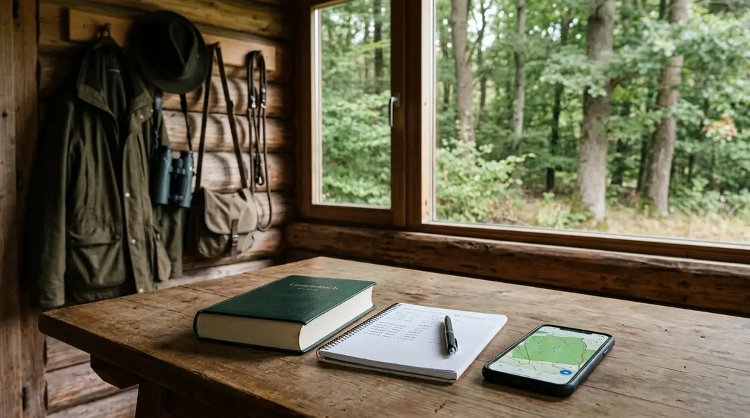 Gesetzbuch, Kontrollnotizbuch und Smartphone auf einem Holztisch in einer Jagdhütte.
