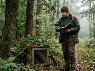 Jäger kontrolliert eine sicher eingerichtete Fanganlage für den Fallenjagd-Überblick am Waldrand.