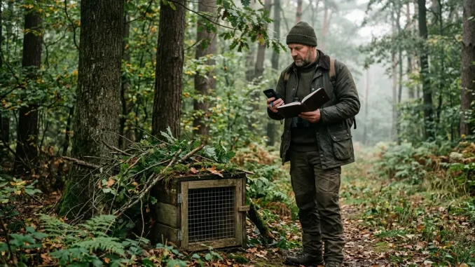 Jäger kontrolliert eine sicher eingerichtete Fanganlage für den Fallenjagd-Überblick am Waldrand.