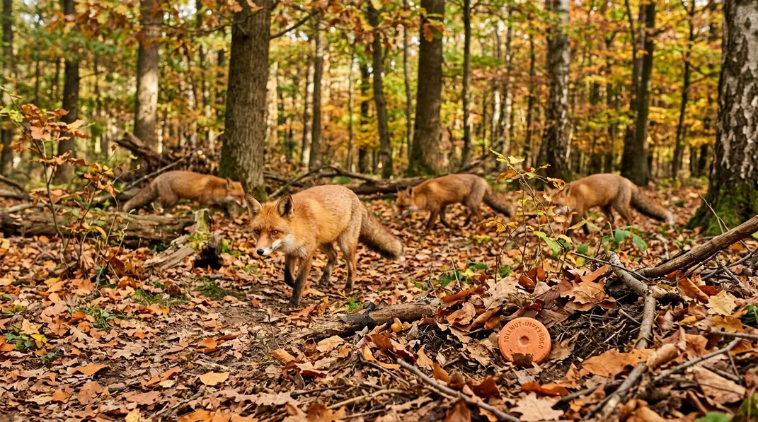 Rotfuchs mit Impfköder auf einer Waldlichtung.