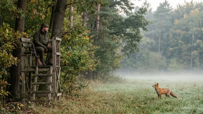 Jäger lockt einen Fuchs mit einer Mauspfeife vom Hochsitz aus.